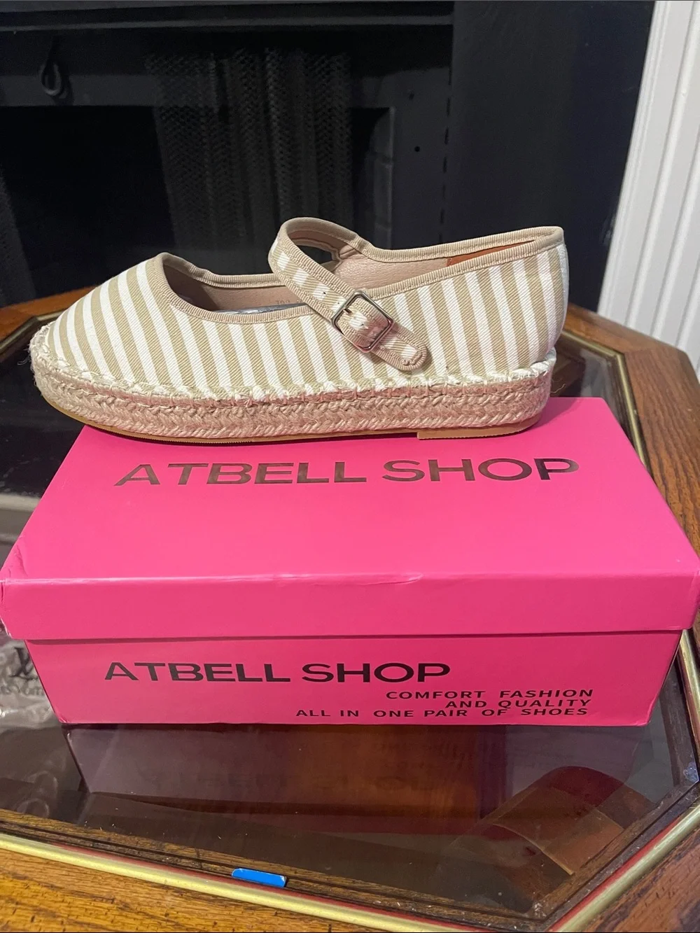 Striped Beige Canvas Mary Jane Espadrille - Women's